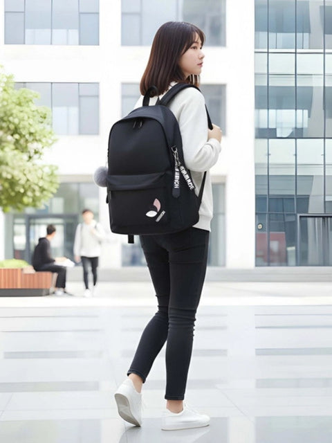 Unisex PU Leather Solid Medium Zipper Backpack (Black)