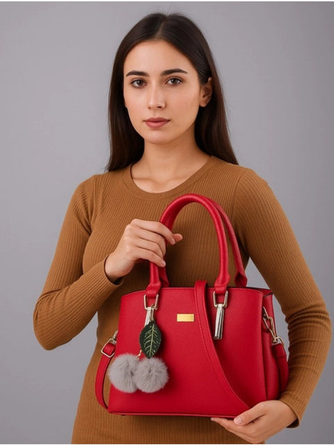 Women's PU Leather Solid Shoulder Zipper Handbag (Red)
