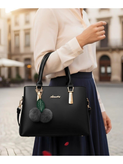 Women's PU Leather Solid Shoulder Zipper Handbag (Black)