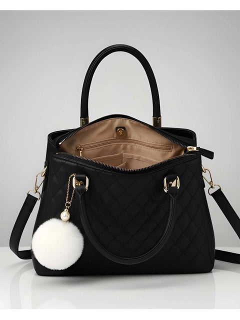 Women's PU Leather Solid Shoulder Zipper Handbag (Black)