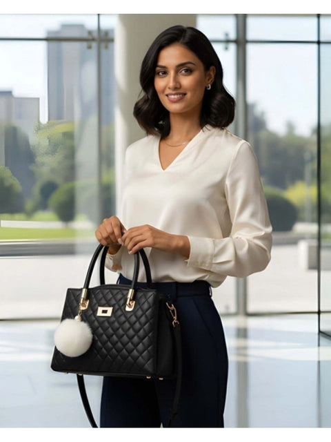 Women's PU Leather Solid Shoulder Zipper Handbag (Black)