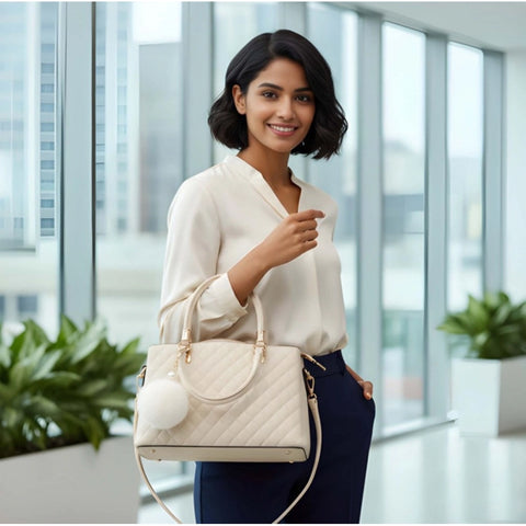 Women's PU Leather Solid Shoulder Zipper Handbag (Cream)