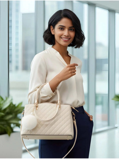 Women's PU Leather Solid Shoulder Zipper Handbag (Cream)