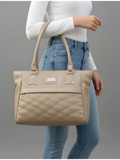 Women's PU Leather Solid Shoulder Zipper Handbag (Beige)