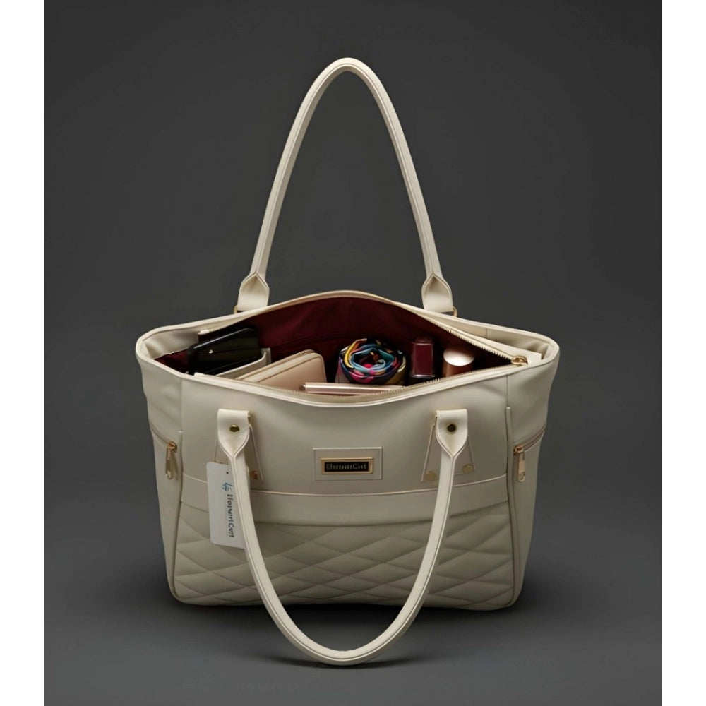 Women's PU Leather Solid Shoulder Zipper Handbag (Cream)