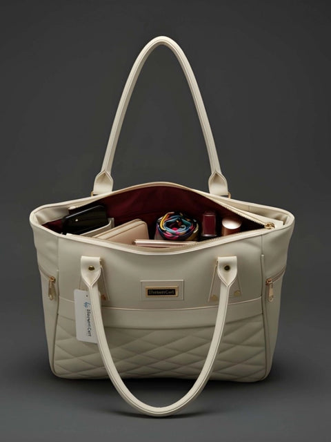 Women's PU Leather Solid Shoulder Zipper Handbag (Cream)