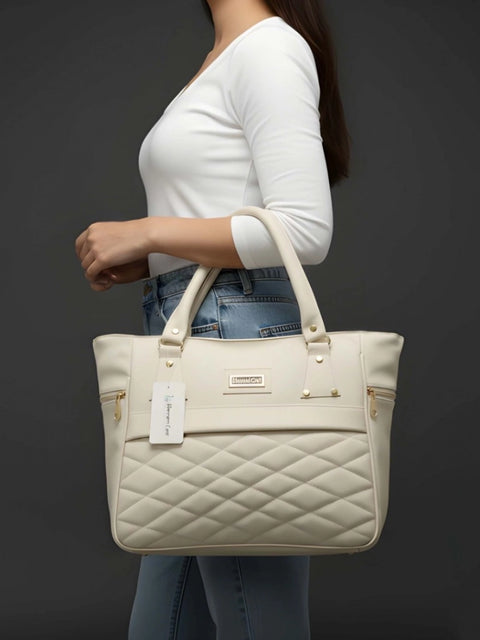 Women's PU Leather Solid Shoulder Zipper Handbag (Cream)