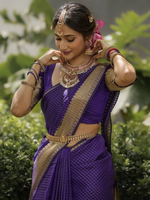Women's Banarasi Silk Printed Saree With Unstitched Blouse 5.5Mtr (Purple)
