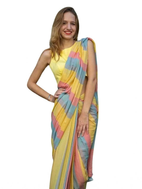 Women's Linen Printed Saree With Unstitched Blouse 5.5Mtr (Multicolor)