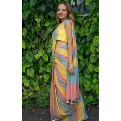 Generic Women's Linen Printed Saree With Unstitched Blouse 5.5Mtr (Multicolor)