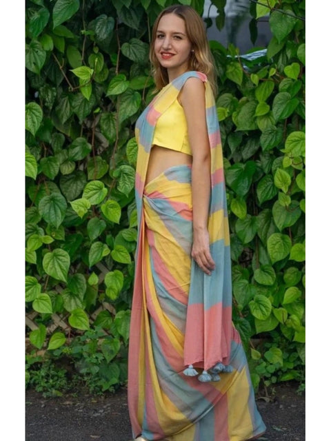 Women's Linen Printed Saree With Unstitched Blouse 5.5Mtr (Multicolor)