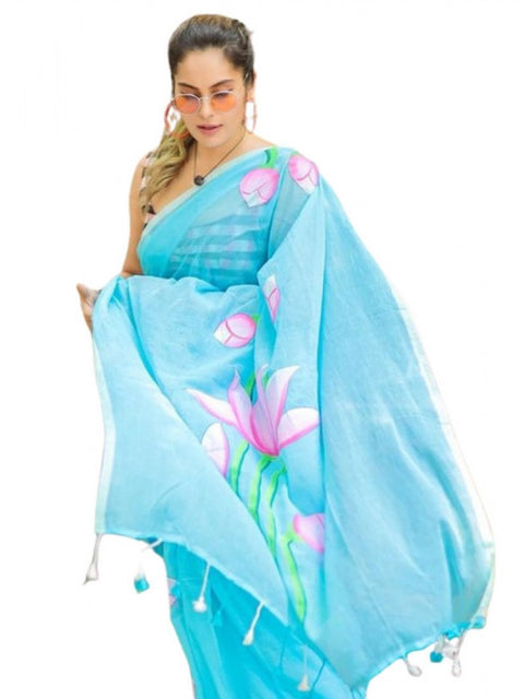 Women's Linen Printed Saree With Unstitched Blouse 5.5Mtr (light Blue)