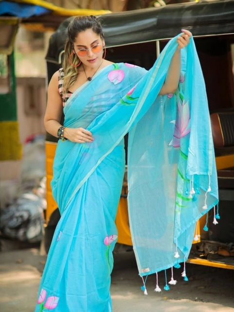 Women's Linen Printed Saree With Unstitched Blouse 5.5Mtr (light Blue)
