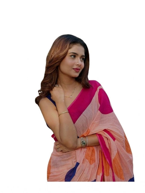 Women's Linen Printed Saree With Unstitched Blouse 5.5Mtr (Orange)