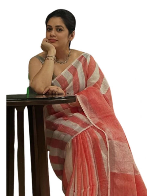 Women's Linen Printed Saree With Unstitched Blouse 5.5Mtr (Multicolor)