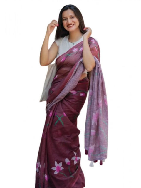 Women's Linen Printed Saree With Unstitched Blouse 5.5Mtr (Brown)