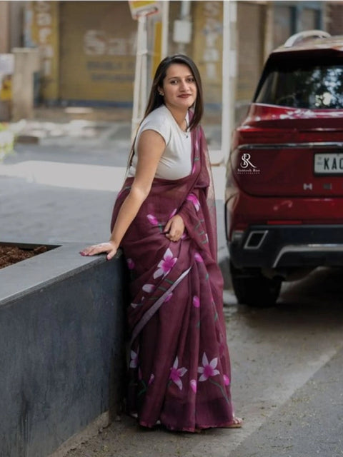 Women's Linen Printed Saree With Unstitched Blouse 5.5Mtr (Brown)