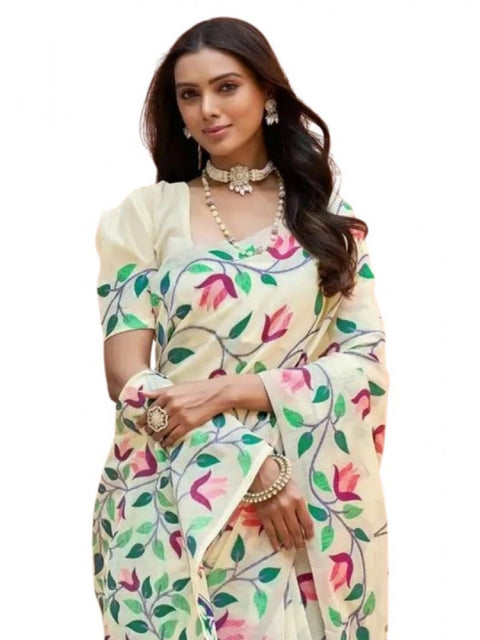 Women's Georgette Printed Saree With Unstitched Blouse 5.5Mtr (Cream)