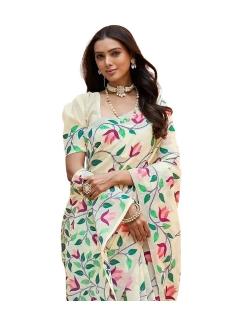 Women's Georgette Printed Saree With Unstitched Blouse 5.5Mtr (Cream)