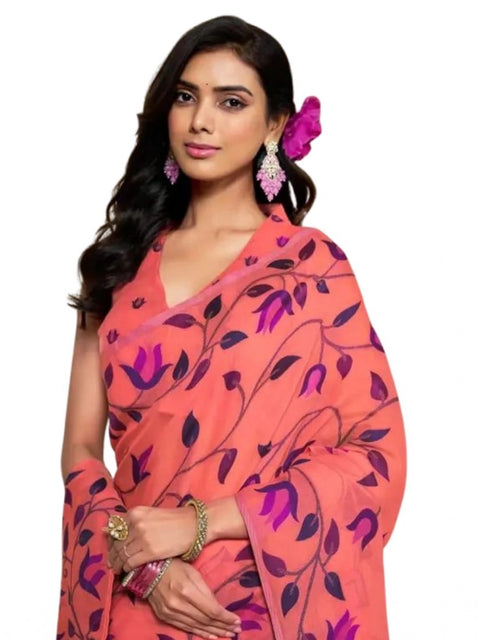 Women's Georgette Printed Saree With Unstitched Blouse 5.5Mtr (Peach)
