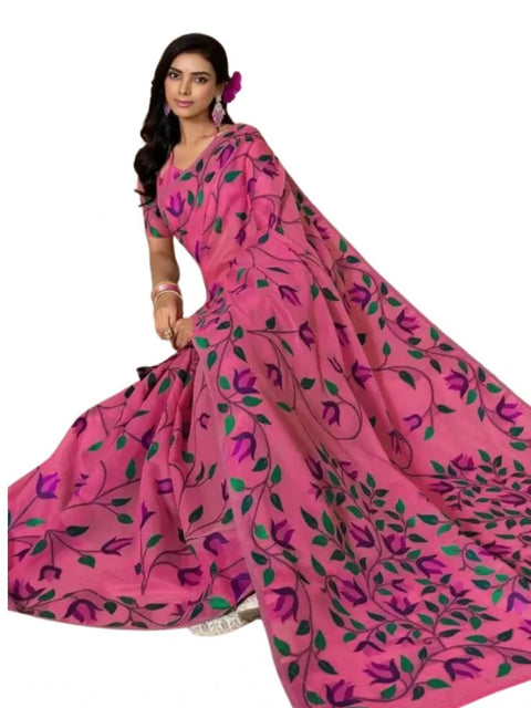 Women's Georgette Printed Saree With Unstitched Blouse 5.5Mtr (Pink)