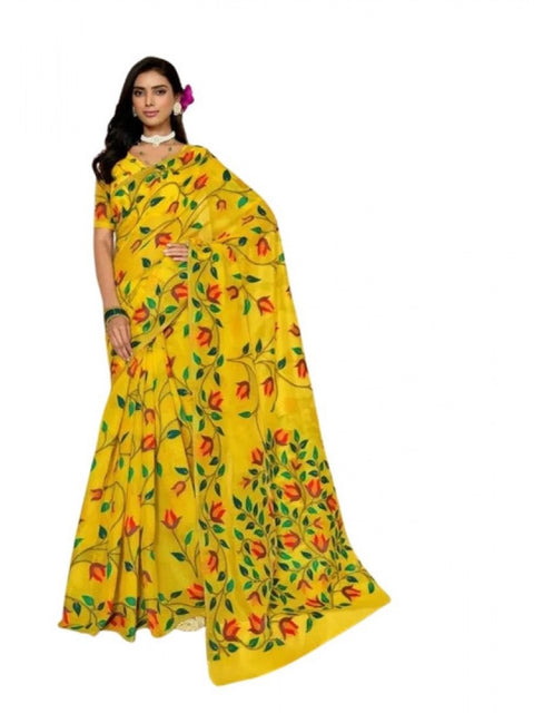 Women's Georgette Printed Saree With Unstitched Blouse 5.5Mtr (Yellow)