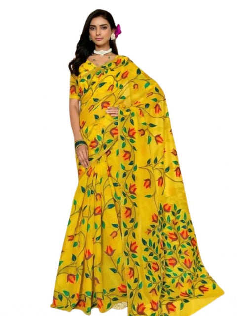 Women's Georgette Printed Saree With Unstitched Blouse 5.5Mtr (Yellow)