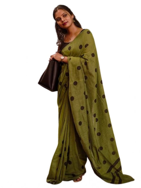 Women's Linen Printed Saree With Unstitched Blouse 5.5Mtr (Green)