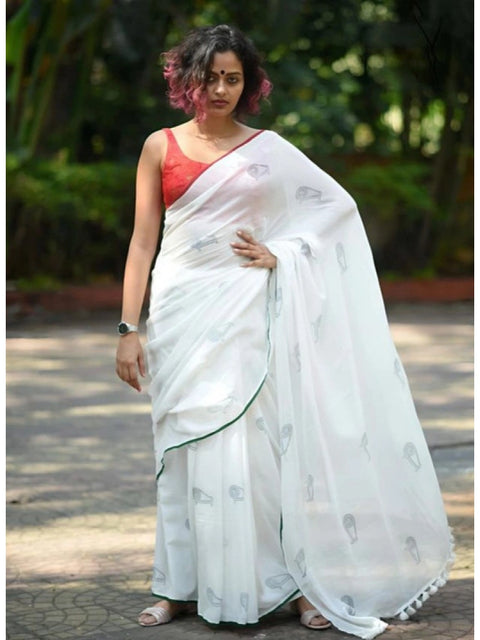 Women's Linen Printed Saree With Unstitched Blouse 5.5Mtr (White)