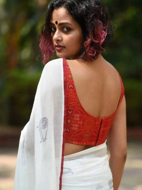 Women's Linen Printed Saree With Unstitched Blouse 5.5Mtr (White)