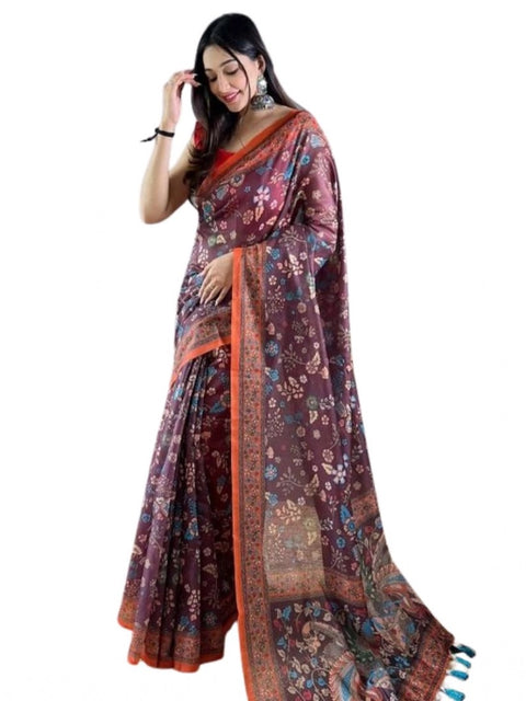 Women's Linen Printed Saree With Unstitched Blouse 5.5Mtr (Brown)