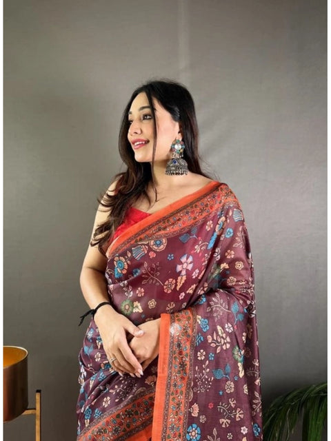 Women's Linen Printed Saree With Unstitched Blouse 5.5Mtr (Brown)