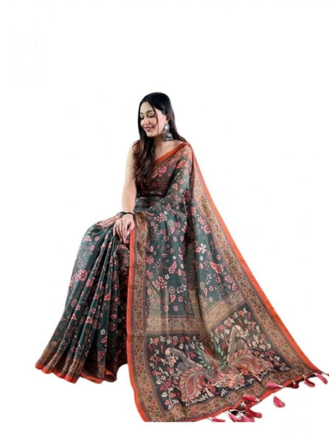 Women's Linen Printed Saree With Unstitched Blouse 5.5Mtr (Green)