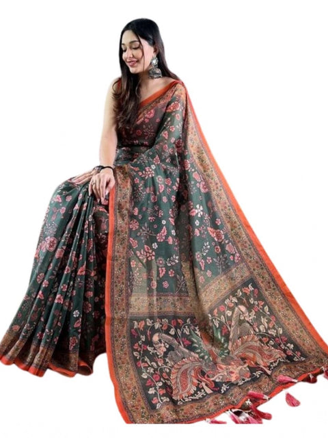 Women's Linen Printed Saree With Unstitched Blouse 5.5Mtr (Green)