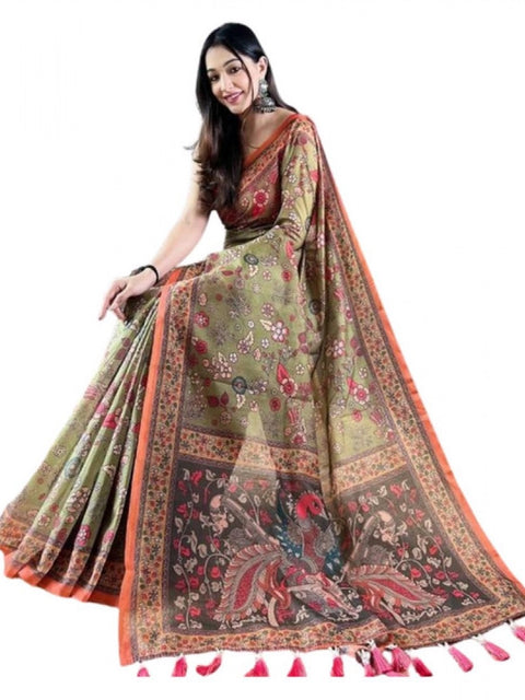 Women's Linen Printed Saree With Unstitched Blouse 5.5Mtr (Sea Green)