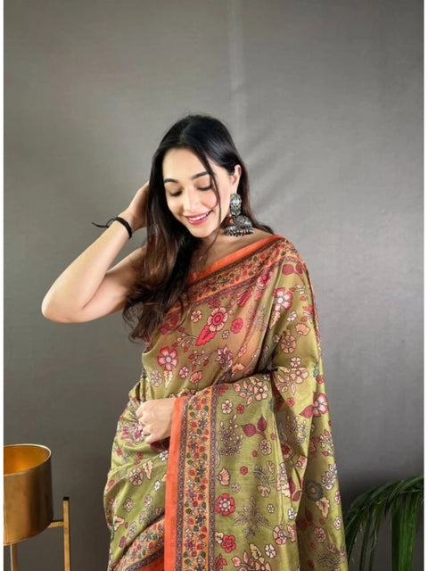 Women's Linen Printed Saree With Unstitched Blouse 5.5Mtr (Sea Green)
