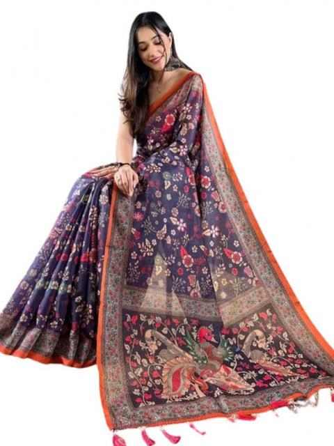 Women's Linen Printed Saree With Unstitched Blouse 5.5Mtr (Blue)