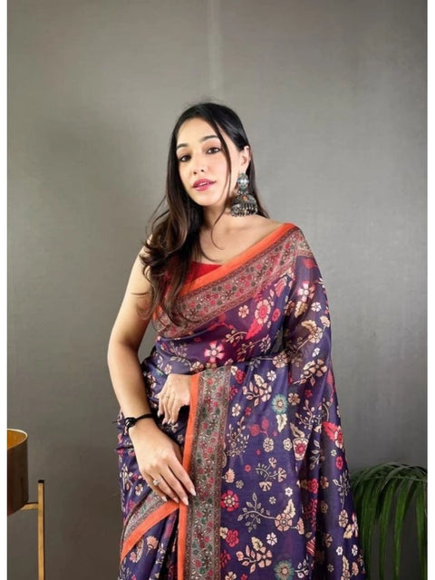 Women's Linen Printed Saree With Unstitched Blouse 5.5Mtr (Blue)