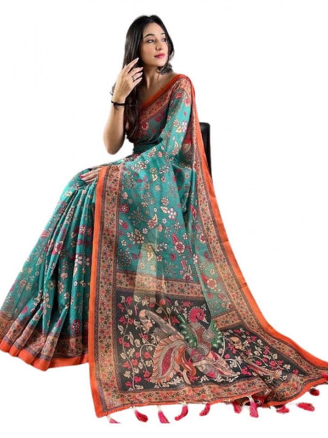 Women's Linen Printed Saree With Unstitched Blouse 5.5Mtr (Olive)