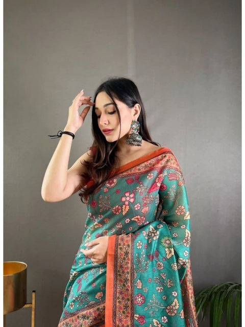 Women's Linen Printed Saree With Unstitched Blouse 5.5Mtr (Olive)