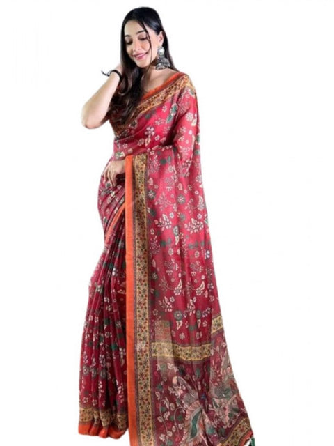 Women's Linen Printed Saree With Unstitched Blouse 5.5Mtr (Red)