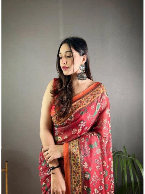 Women's Linen Printed Saree With Unstitched Blouse 5.5Mtr (Red)