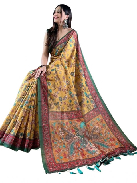 Women's Linen Printed Saree With Unstitched Blouse 5.5Mtr (Yellow)