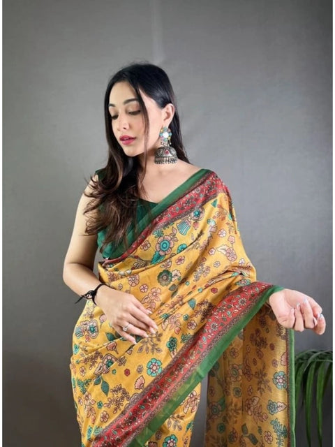 Women's Linen Printed Saree With Unstitched Blouse 5.5Mtr (Yellow)