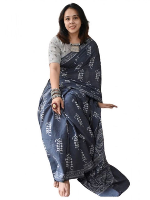 Women's Linen Printed Saree With Unstitched Blouse 5.5Mtr (Grey)