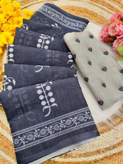 Women's Linen Printed Saree With Unstitched Blouse 5.5Mtr (Grey)
