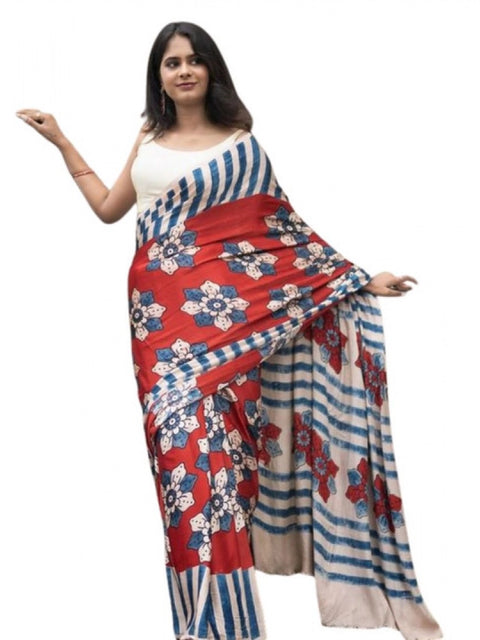 Women's Linen Printed Saree With Unstitched Blouse 5.5Mtr (Red)