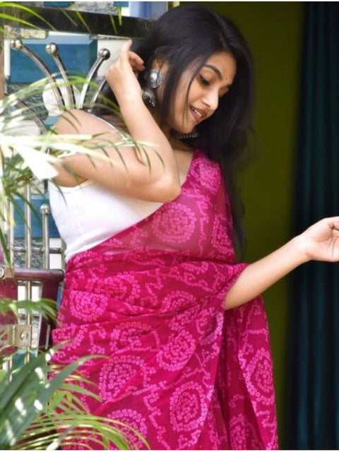 Women's Georgette Printed Saree With Unstitched Blouse 5.5Mtr (Pink)