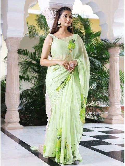 Women's Linen Printed Saree With Unstitched Blouse 5.5Mtr (Green)