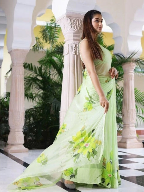 Women's Linen Printed Saree With Unstitched Blouse 5.5Mtr (Green)